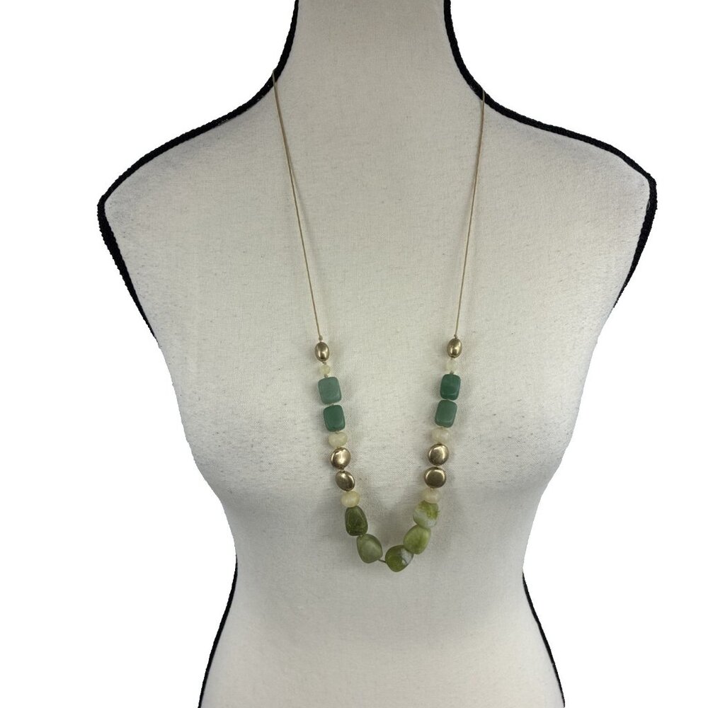 Universal Thread Beaded Necklace Green Stone Gold Tone Boho Statement New